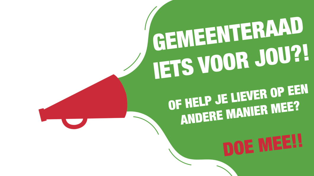 Rode megafoon waaruit groene tekstwolk komt met daarin "gemeenteraad iets voor jou?"